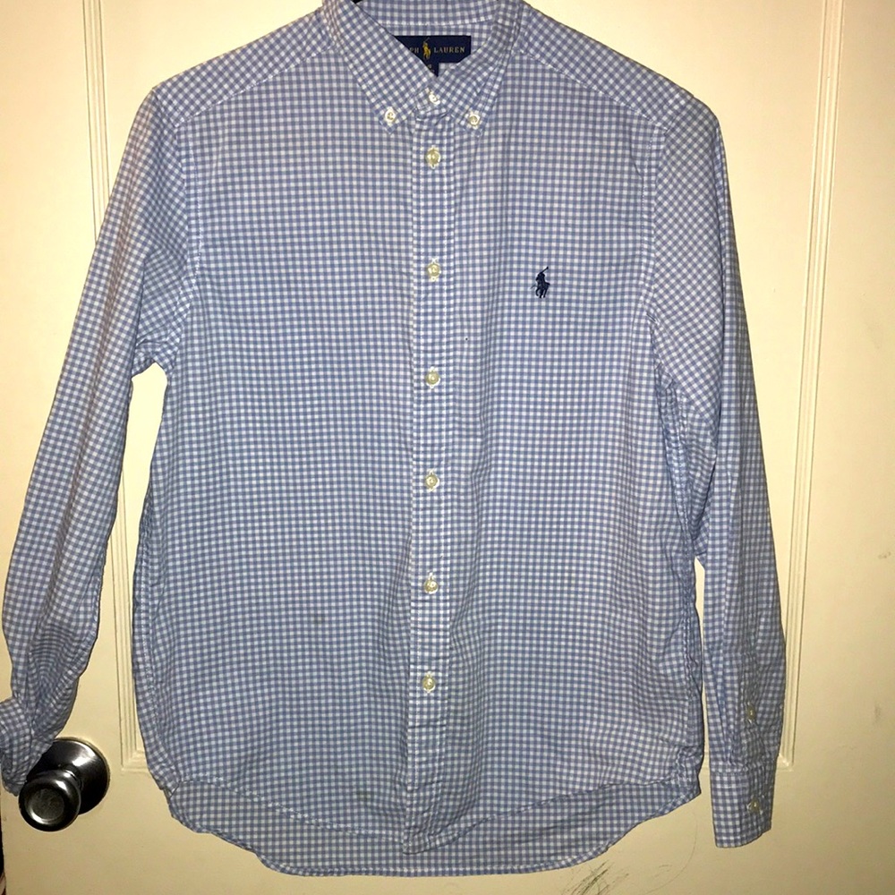 A polo button up in plaid blue boys large